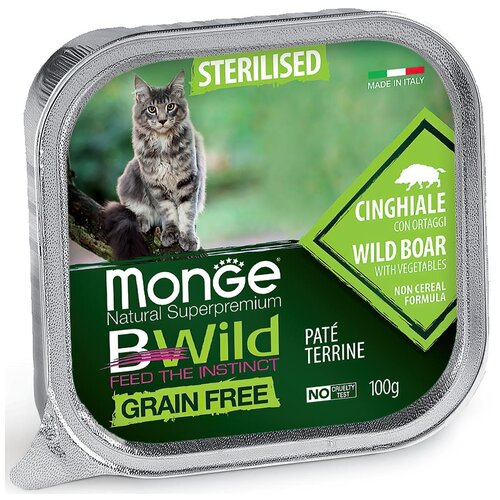 Влажный корм для стерилизованных кошек Monge BWILD Feed the Instinct, беззерновой, с кабаном, с овощами 2 шт. х 100 г (паштет) фотография