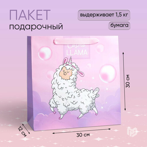 Пакет подарочный квадратный «Cosmo Llama», 30 × 30 × 12 см фотография