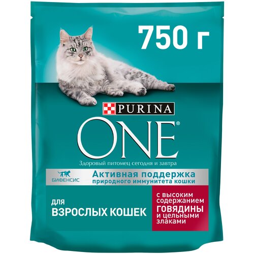 Сухой корм для кошек Purina ONE с высоким содержанием говядины и цельными злаками 2 шт. х 750 г (кусочки в соусе) фотография