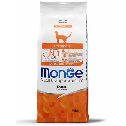 Сухой корм для стерилизованных кошек Monge Natural Superpremium Monoprotein, с уткой 10000 г фотография