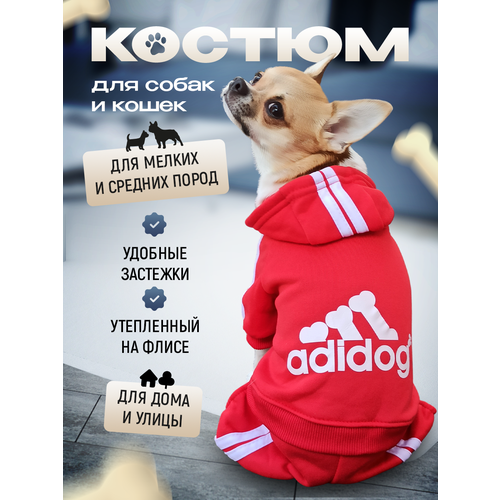 Комбинезон Adidog для собак и кошек, демисезонный, размер М, красный, унисекс, с капюшоном фотография