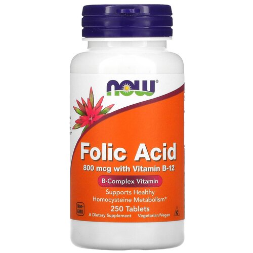 Таблетки NOW Folic Acid with Vitamin B-12, 80 г, 250 шт. фотография