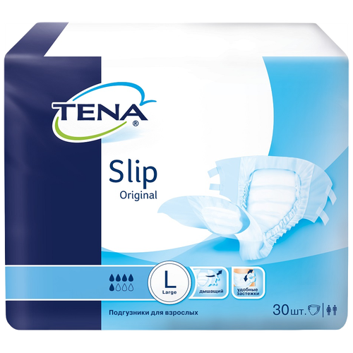 Подгузники для взрослых ТЕНА Slip Original, L, 80 х 150 см, 5 капель, 96-150 см, 1 уп. по 30 шт. фотография