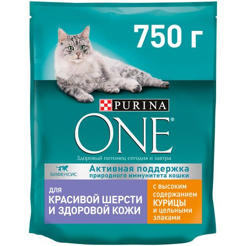 Сухой корм для кошек Purina ONE для красивой шерсти, здоровой кожи и контроля образования волосяных комков, профилактика МКБ  с курицей и цельными злаками 2 шт. х 750 г фотография