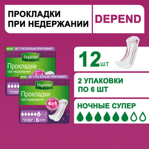 Прокладки женские Depend Ночные, 12 шт фотография