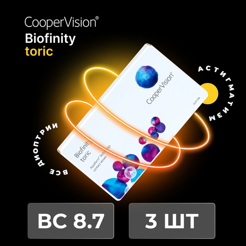 Контактные линзы CooperVision Biofinity Toric., 3 шт., R 8,7, D +6, CYL: -1,25, AХ: 170, бесцветный, 1 уп. фотография