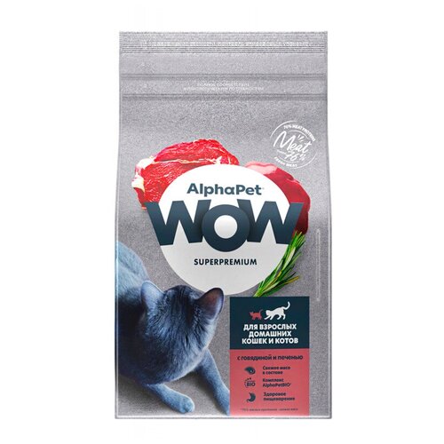 ALPHAPET WOW SUPERPREMIUM 350 гр сухой корм для взрослых домашних кошек и котов c говядиной и печень, шт (2 шт) фотография