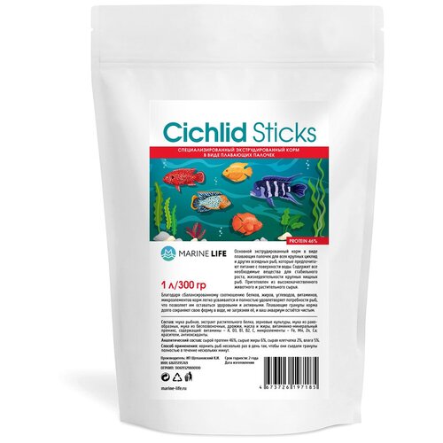 Корм для крупных цихлид и других всеядных рыб, Marine Life Cichlid Sticks, 1Л/300г фотография