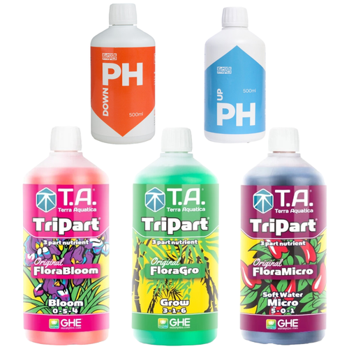 Комплект удобрений GHE flora Series (TriPart T.A.) Grow/Bloom/Micro 3шт по 1л SW (Для мягкой воды)+ E-MODE pH Up/pH Down 2 шт по 0,5л фотография