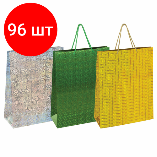 Комплект 96 шт, Пакет подарочный 33x12.7x44.7 см, золотая сказка голография, ассорти 3 цвета, 606610 фотография