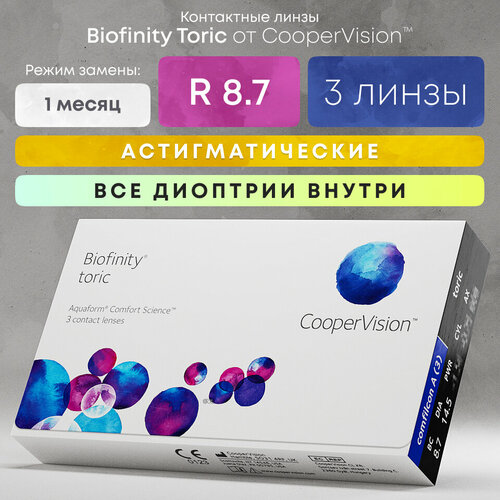 Контактные линзы CooperVision Biofinity Toric., 3 шт., R 8,7, D -10, CYL: -2,25, AХ: 20, бесцветный, 1 уп. фотография