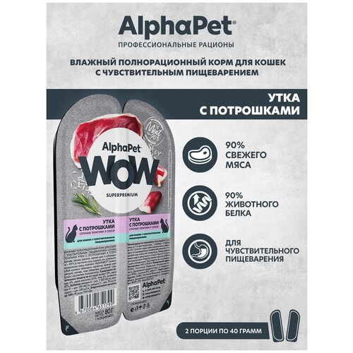 Влажный корм для кошек с чувств. пищеварением AlphaPet WOW Superpremium Утка с потрошками сочные ломтики в соусе 80г (Упаковка 15 блистеров) фотография