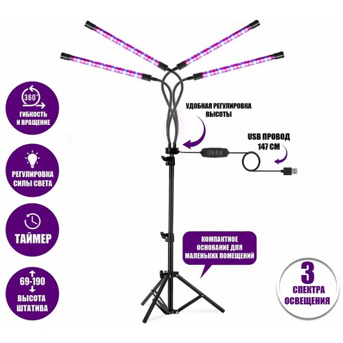 Фитолампа светодиодная, светильник для растений на штативе FL-JBH-P с пультом на проводе, 4 панели фотография