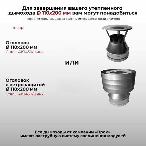 Сэндвич труба термо для дымохода утепленная 0,5 м d 110x200 мм (0,5/430*0,5/Цинк) нерж/цинк 