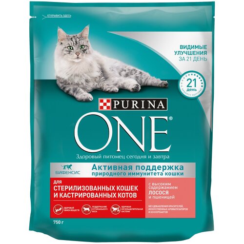 Сухой корм Purina ONE для стерилизованных кошек и кастрированных котов, с высоким содержанием лосося и пшеницей 750 г х 1 шт фотография