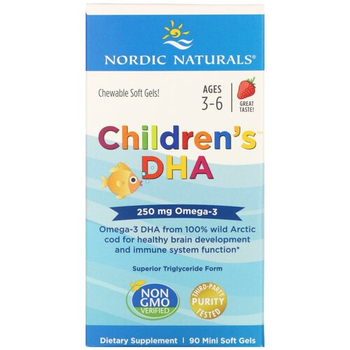 Nordic Naturals, ДГК (докозагексаеновая кислота), Омега-3, для детей, клубника, для детей 3–6 лет, 250 мг, 90 желатиновых мини-капсул фотография