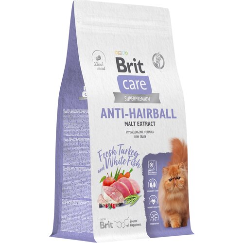 Сухой корм для кошек Brit Care Cat Anti-Hairball, вывод шерсти из желудка, с белой рыбой и индейкой 1,5 кг фотография