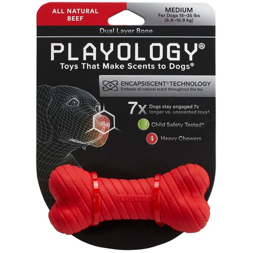 Playology двухслойная жевательная косточка DUAL LAYER BONE с ароматом говядины, средняя, красный фотография