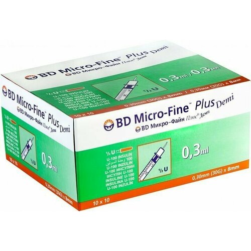 Инсулиновый шприц 0.3 мл с интегрированной иглой U100 BD Micro-Fine Plus DEMI 30G 0,3 x 8 мм, Becton Dickinson 50 штук фотография